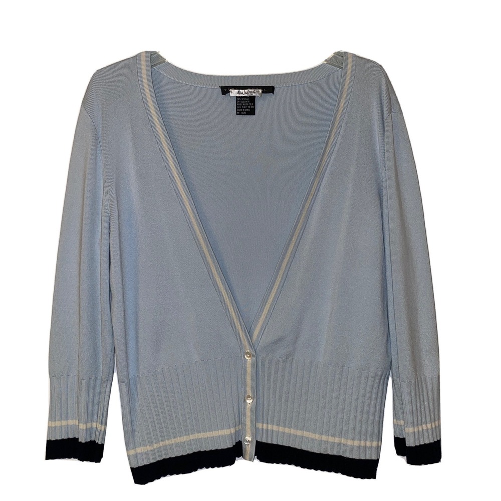Yansi Fugel Blue Cream Navy Silk Blend Cardigan Sweater WITH TINY SPOT Size XL